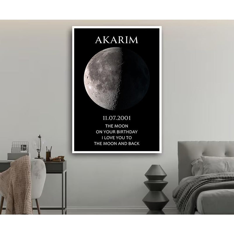 Personalized Birthday Moon Phase Canvas, Custom Birthday Moon Phases Photo Frame, Moon Phase Birthday Gifts, Custom Art Real Moon Phase, Customize Moon Phase Canvas According To Birthday#2