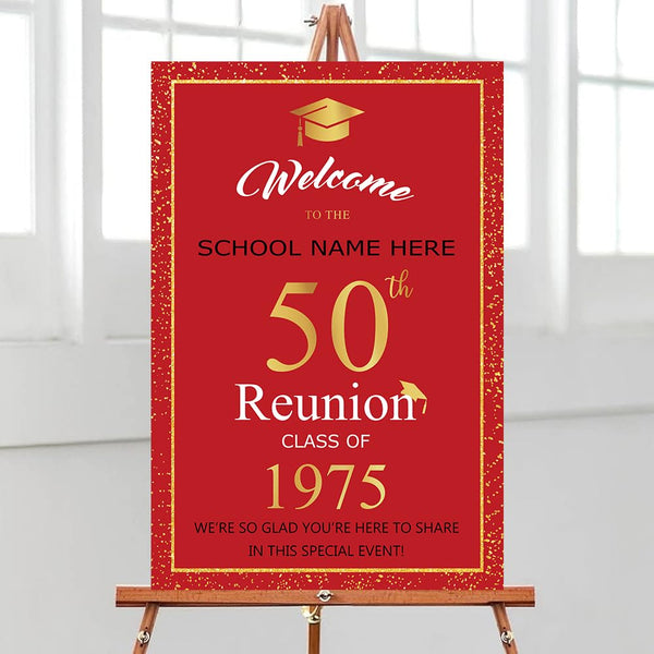 50th Class Reunion Personalized Welcome Sign, 50th Class Reunion Decorations Sign, Class Reunion Party Décor, High School Reunion Sign, Gold Confetti on Red Sign, Class Reunion Anniversary Party Sign