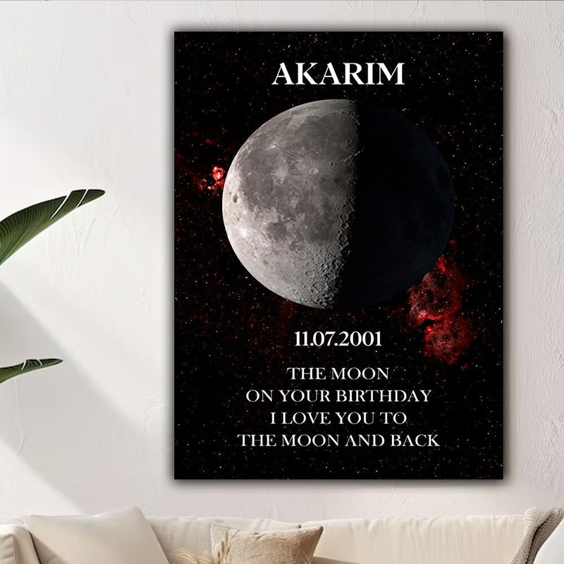 Personalized Birthday Moon Phase Canvas, Custom Birthday Moon Phases Photo Frame, Moon Phase Birthday Gifts, Custom Art Real Moon Phase, Customize Moon Phase Canvas According To Birthday#2