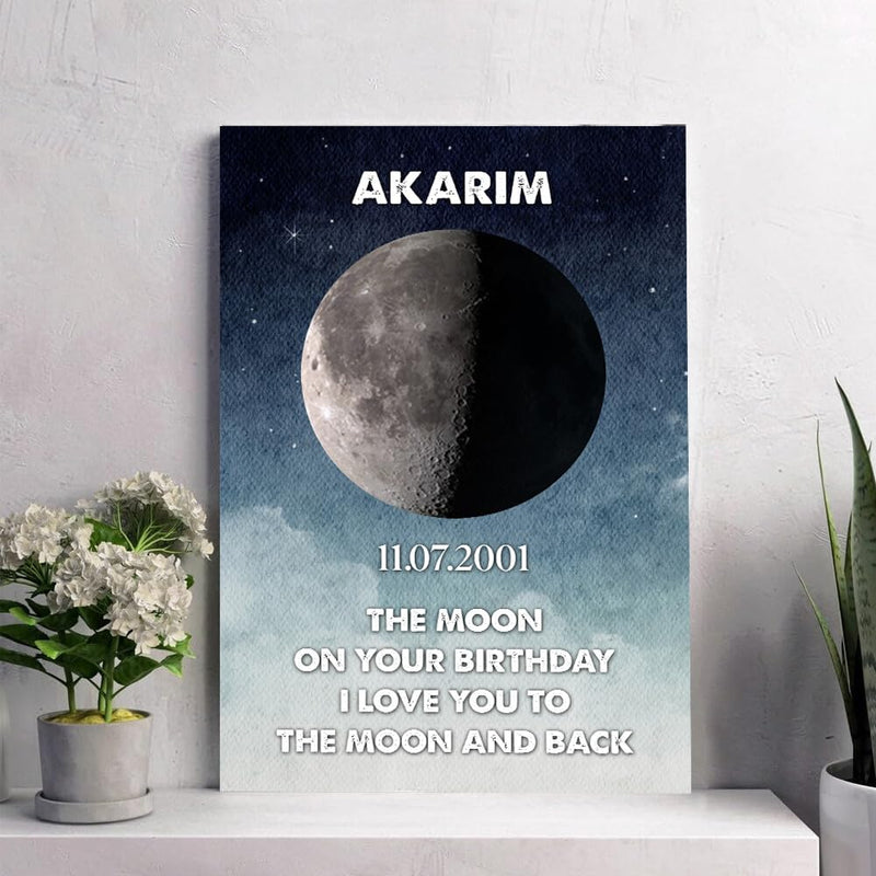 Personalized Birthday Moon Phase Canvas, Custom Birthday Moon Phases Photo Frame, Moon Phase Birthday Gifts, Custom Art Real Moon Phase, Customize Moon Phase Canvas According To Birthday#2