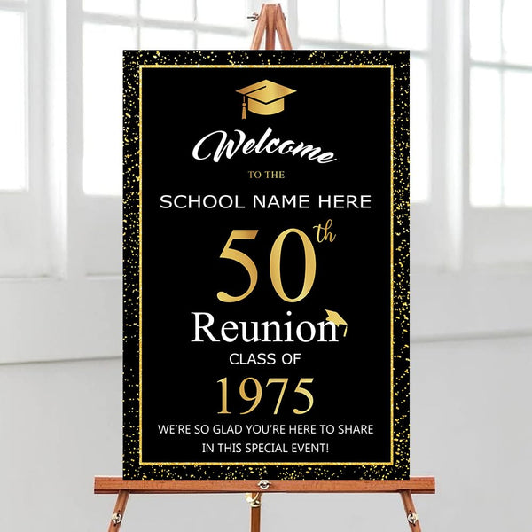 50th Class Reunion Personalized Welcome Sign, Class Reunion Decorations Sign, Class Reunion Party Décor, Gold on Black Decorations Sign, Custom Class Reunion Anniversary Party Sign