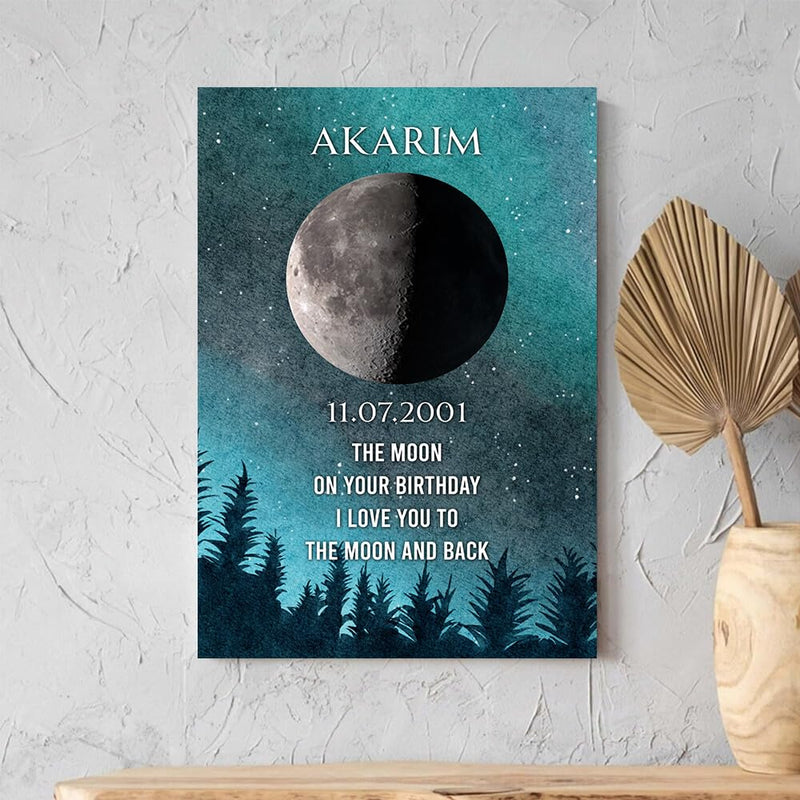 Personalized Birthday Moon Phase Canvas, Custom Birthday Moon Phases Photo Frame, Moon Phase Birthday Gifts, Custom Art Real Moon Phase, Customize Moon Phase Canvas According To Birthday#2