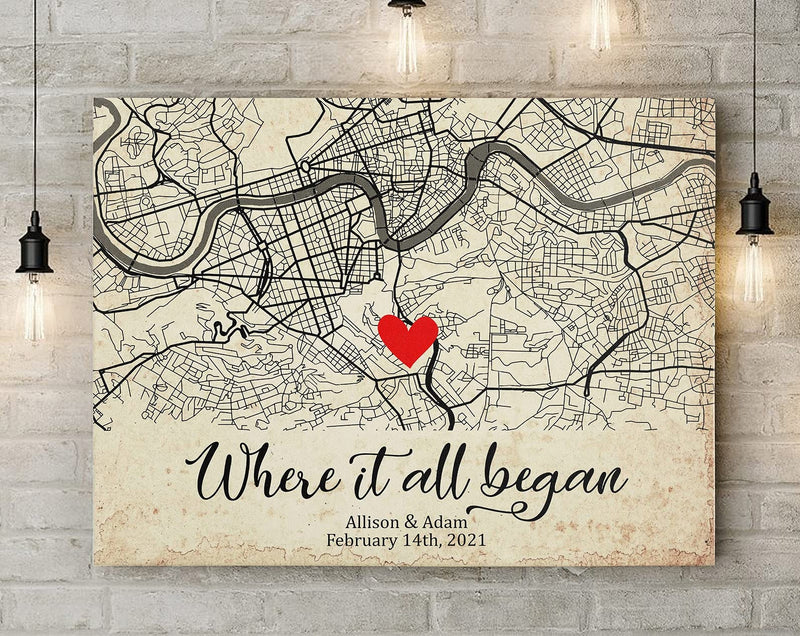 Personalised Gifts Where it All Began Map, Valentine's Day Gift Custom Map Canvas, We Met Couple, Personalized Canvas, Full Size Customized